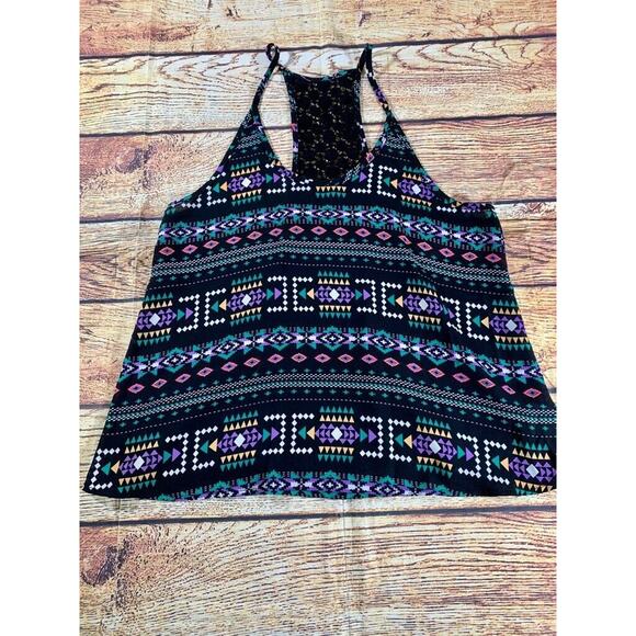 Lush Womens Tank Top Black Teal Purple Aztec Crochet Racerback Scoop Neck XS - Picture 1 of 6